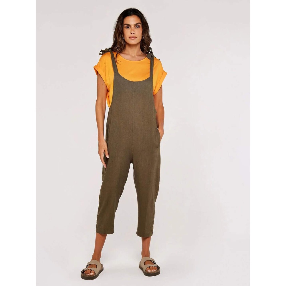 Apricot 8 Olive Green Cotton Linen Tie Shoulder Crop Overalls Jumpsuit